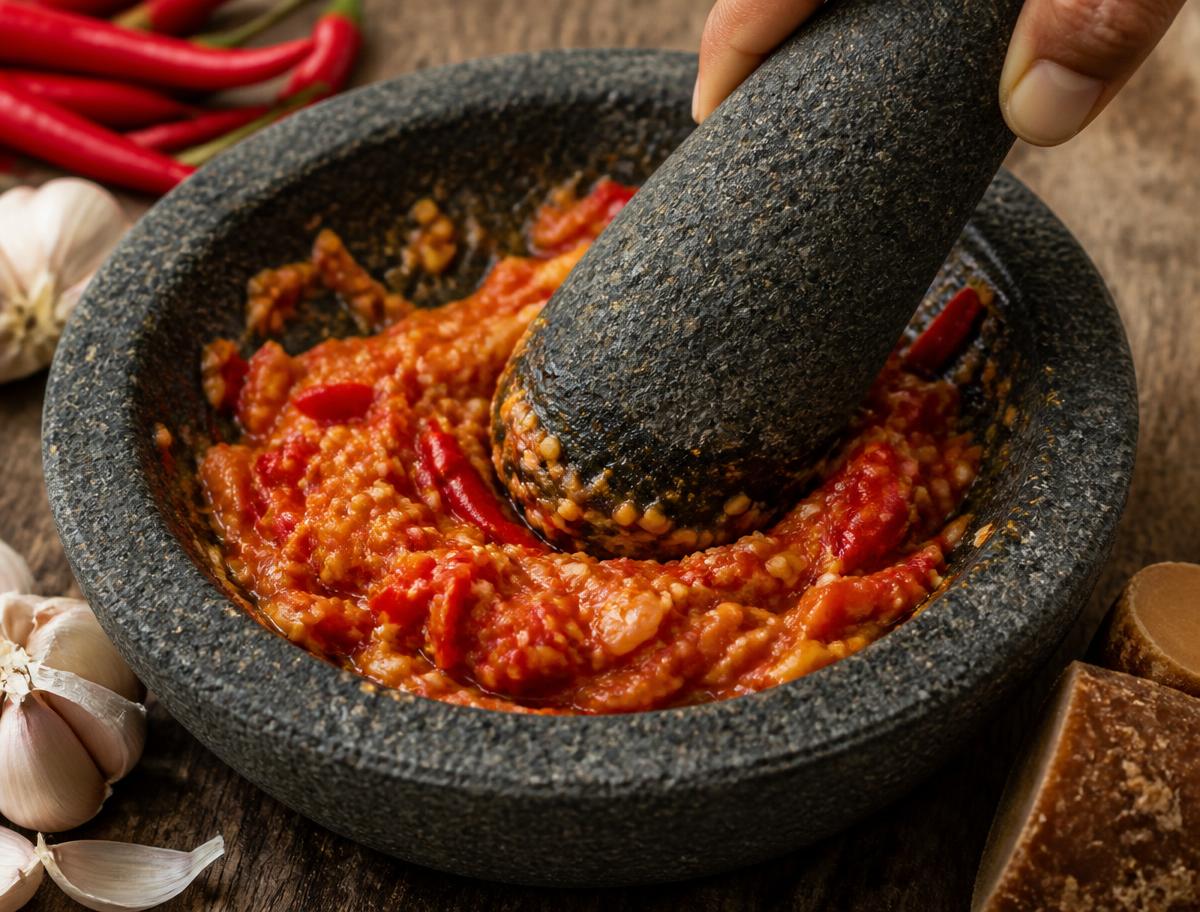 Fresh red chillies, garlic and palm sugar being ground into sambal in a stone mortar and pestle