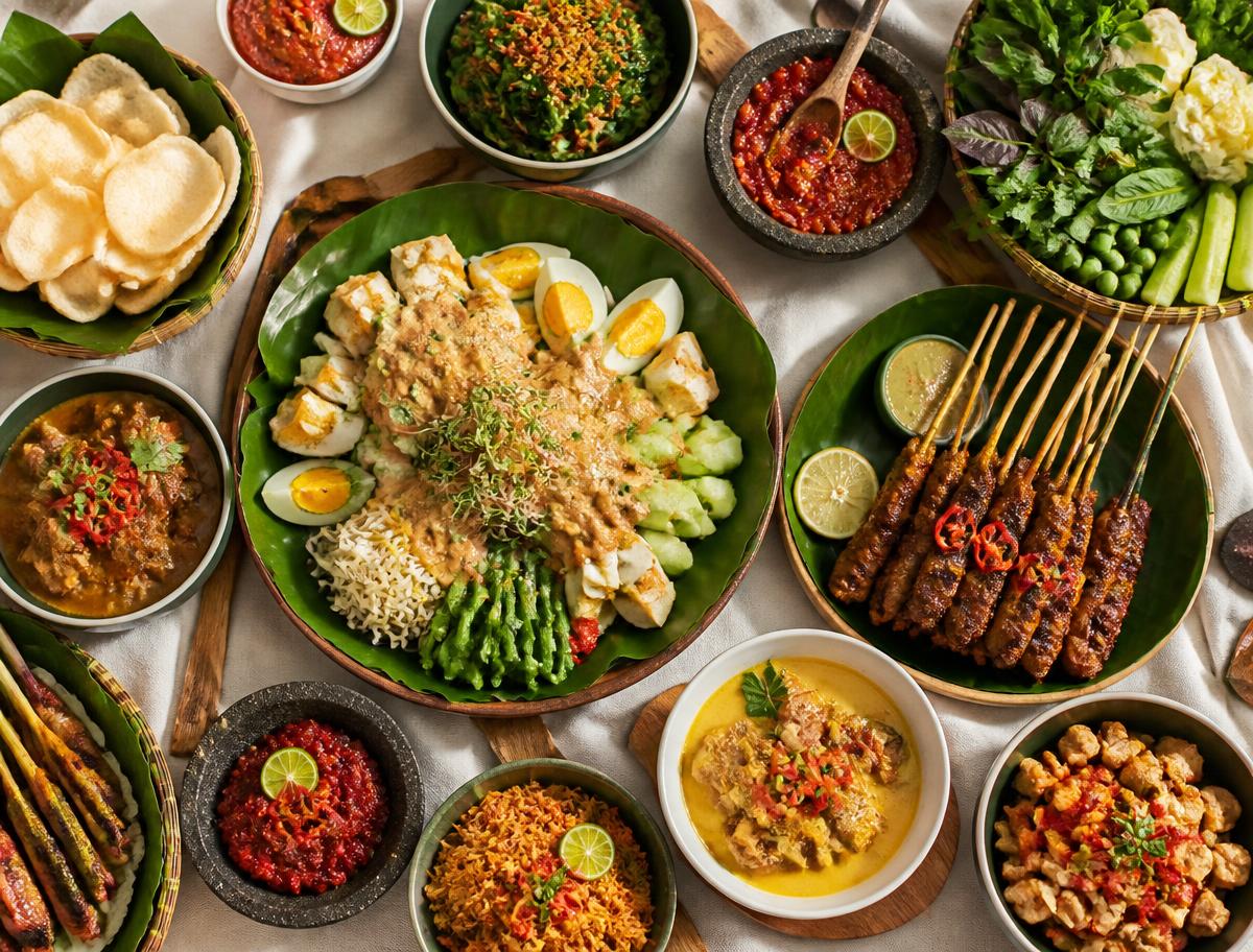 An overhead sharing feast of colourful Indonesian dishes on banana leaves, with sate skewers, gado gado, sambal bowls and fresh herbs
